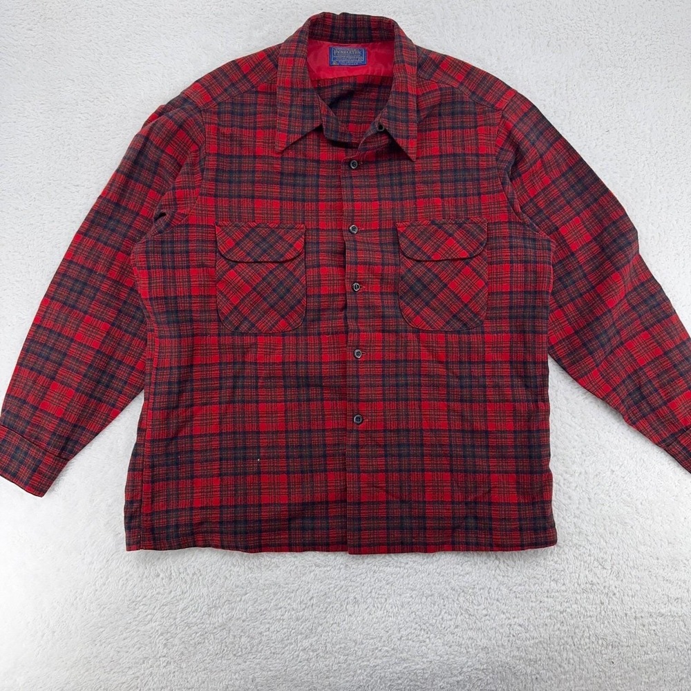 vtg 60s PENDLETON LOOP COLLAR RED PLAID WOOL SHIR… - image 2
